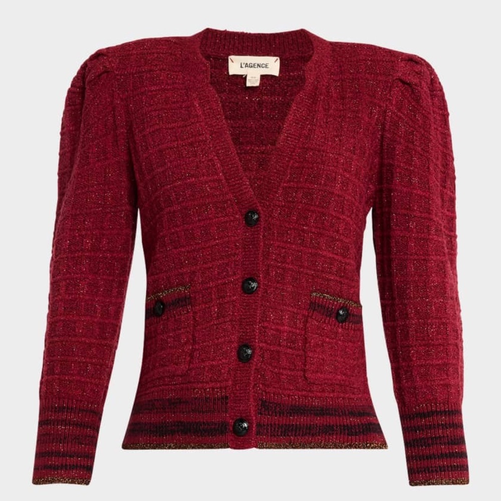 L’AGENCE NWT Jenni Striped Button Front Cardigan Large waffle knit puff sleeves - Picture 2 of 12
